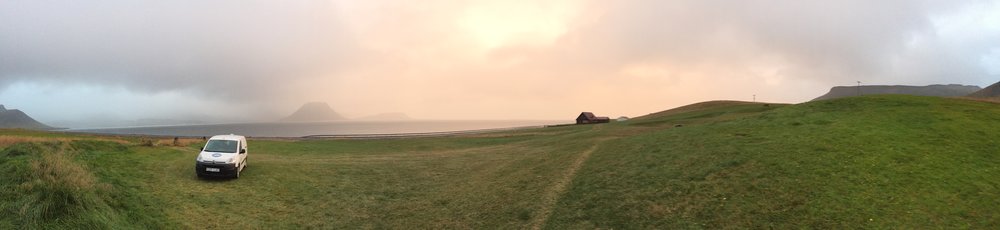 Taken with an iPhone, this panorama shows off the beauty of Setberg campground quite nicely. On an evening like this with the beautiful sunset, views of Kirkjufell in the background, and solitude with no one else on the lot - it's hard to beat living in a van!