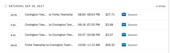 In this example image from our MileIQ dashboard, you can see the information we are presented with including number of miles per drive, the driving locations (from our home in Forks Township to some session sites in Covington Township), as well as the time of these drives, reimbursement amount, and classification.